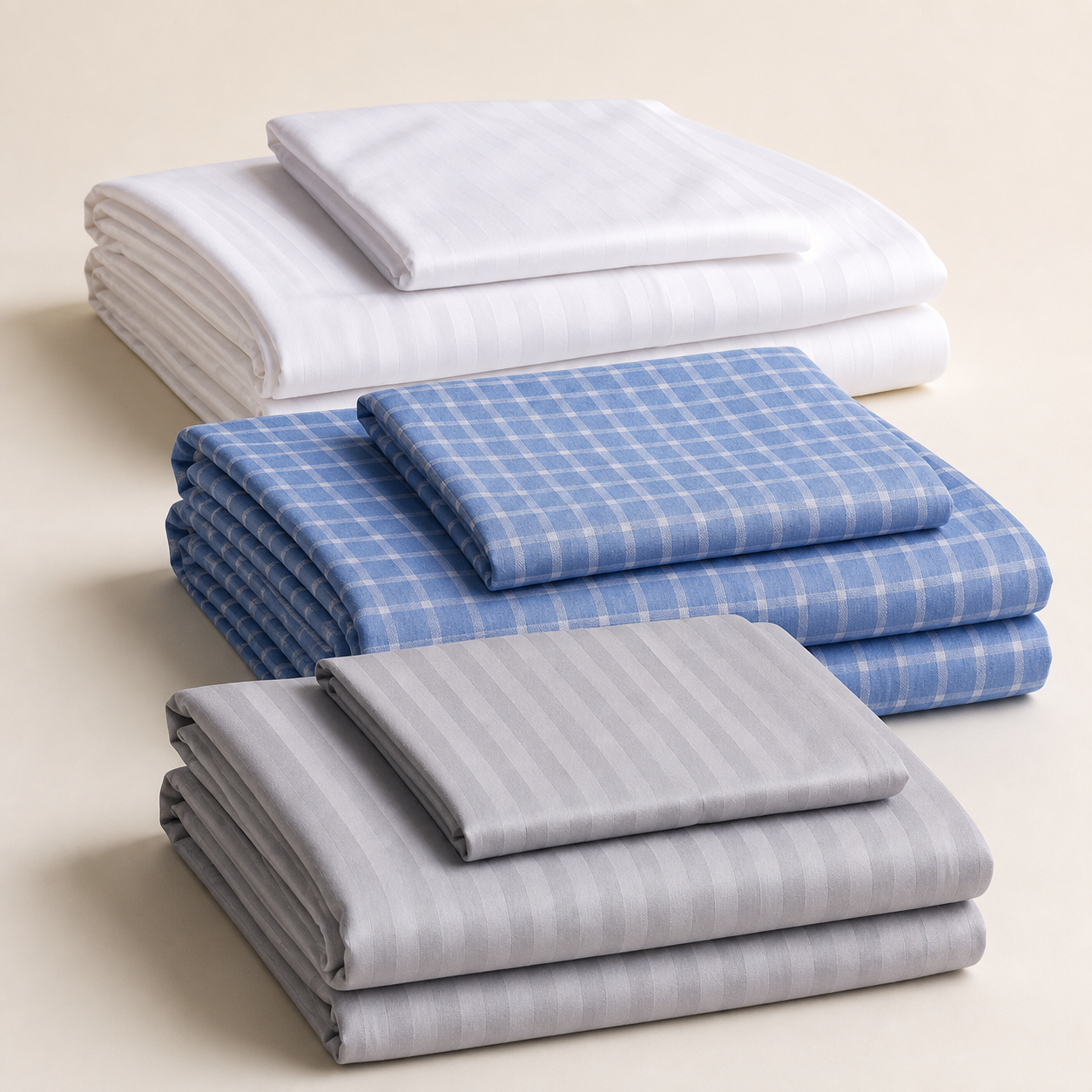 White, blue, and grey bedsheet and pillowcase size options