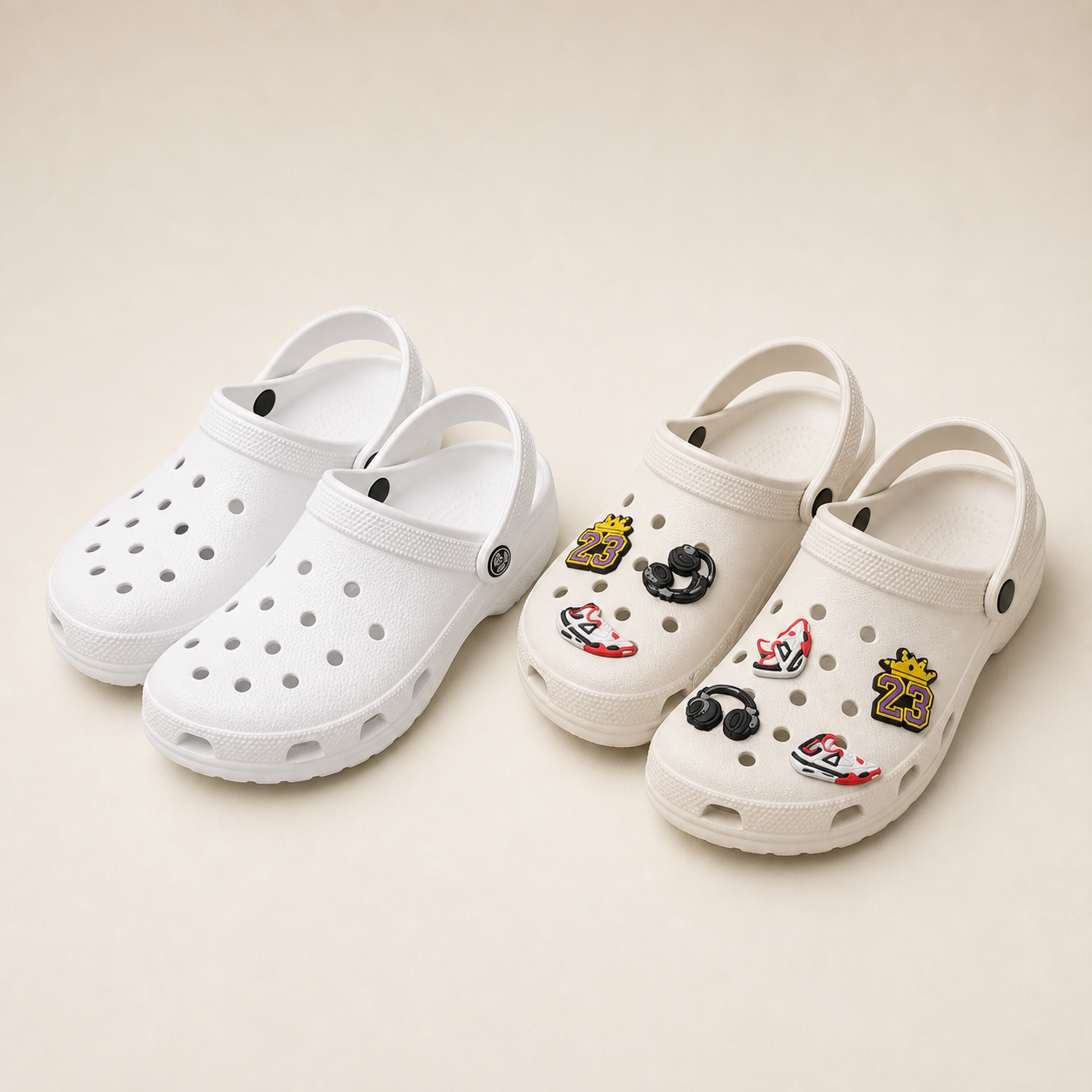 Plain white clogs and off-white clogs with jibbitz for camp
