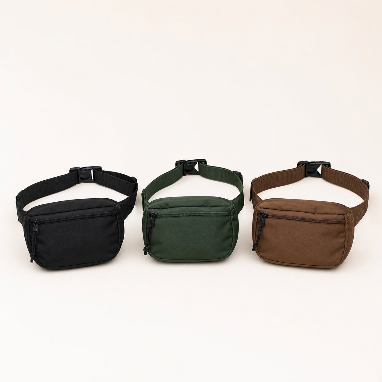 Black, green, and brown waist purse options for camp valuables