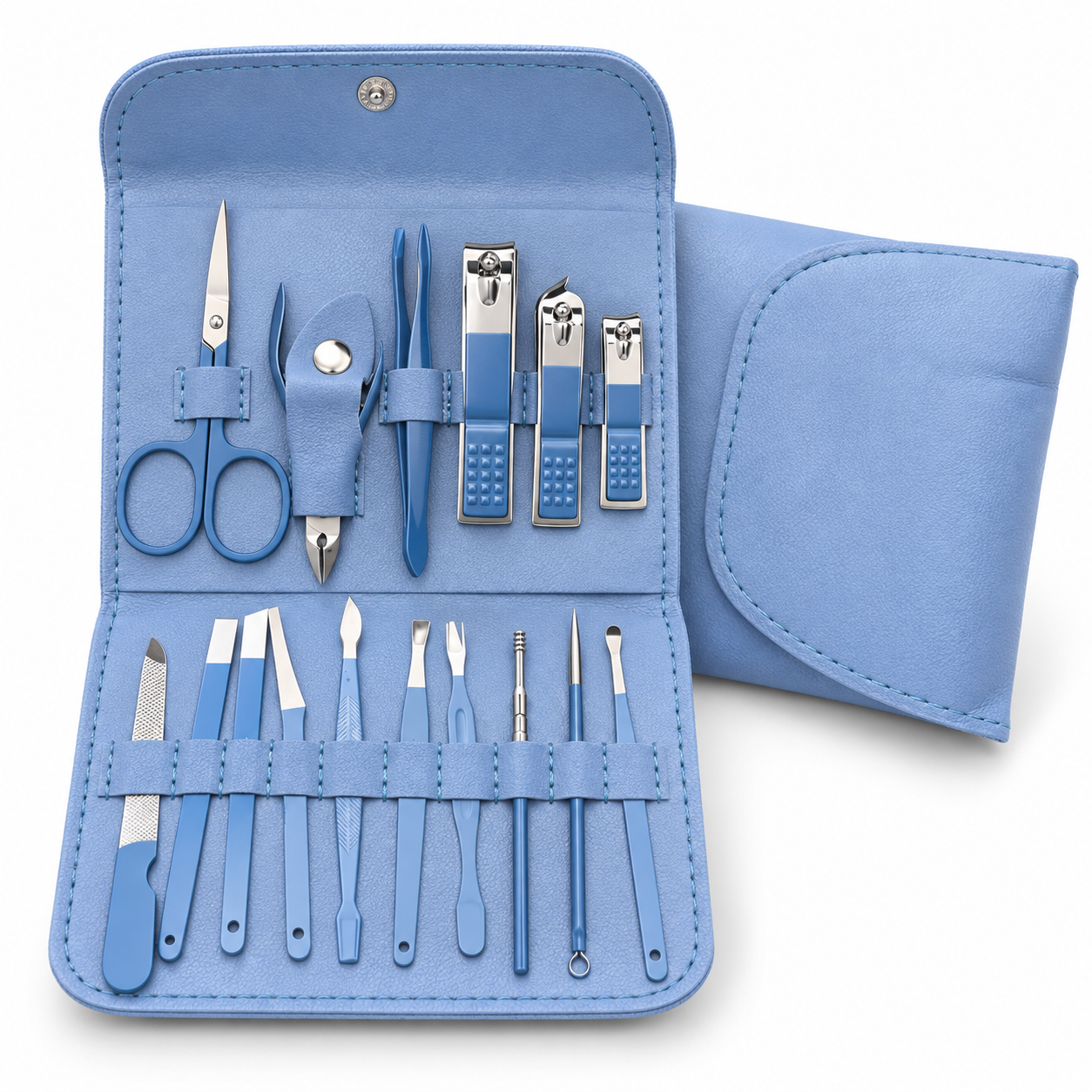 Blue portable nail cutter and manicure tool set in a travel case